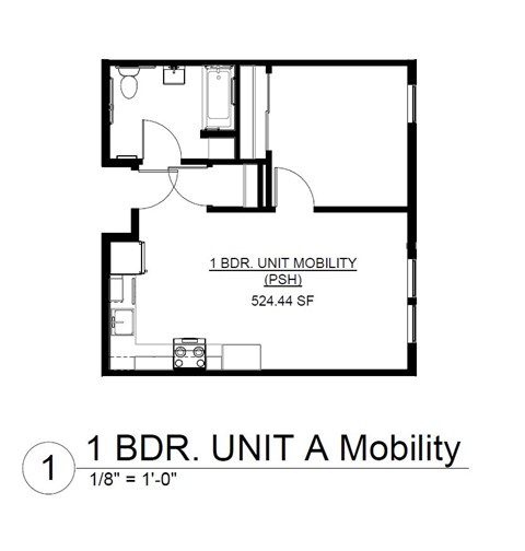 Floor plan for 1 bed, 1 bath, 524 sqft
